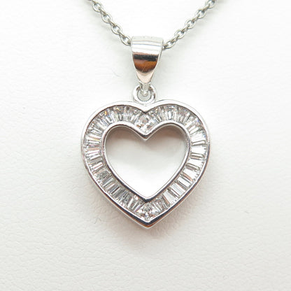 925 Sterling Silver Tapered Baguette-Cut C Z Heart Cable Chain Necklace 16"