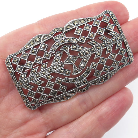 925 Sterling Silver Vintage Real Marcasite Art Deco Style Oxidized Pin Brooch