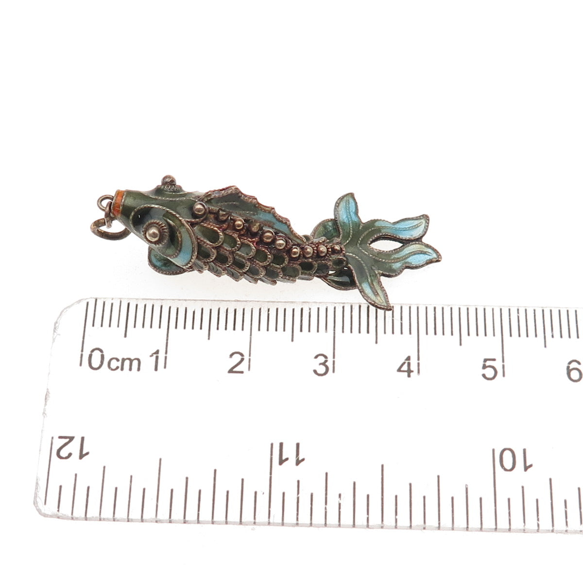 925 Sterling Silver Antique Art Deco Enamel Koi Fish Articulated Charm Pendant