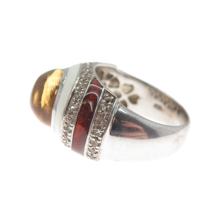 EMA 925 Sterling Silver Vintage Real Citrine & White Topaz Enamel Ring Size 7.25
