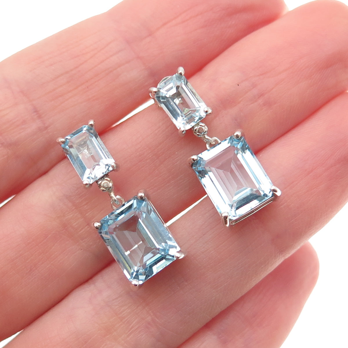 Seta 925 Sterling Silver Real Emerald-Cut Blue Topaz Dangle Earrings