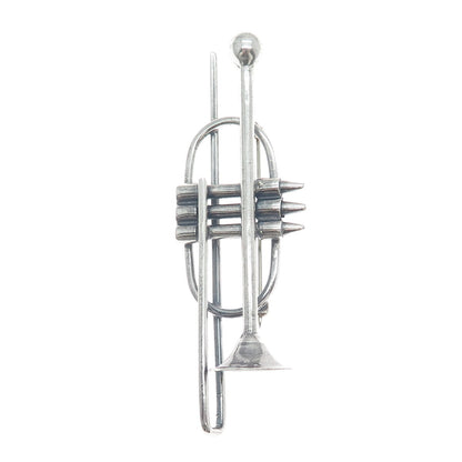 925 Sterling Silver Vintage Trombone Music Instrument Oxidized Pin Brooch