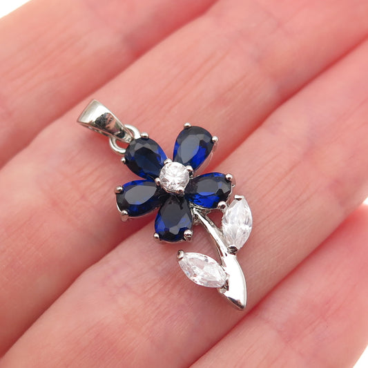 925 Sterling Silver Lab-Created Sapphire & C Z Flower Charm Pendant