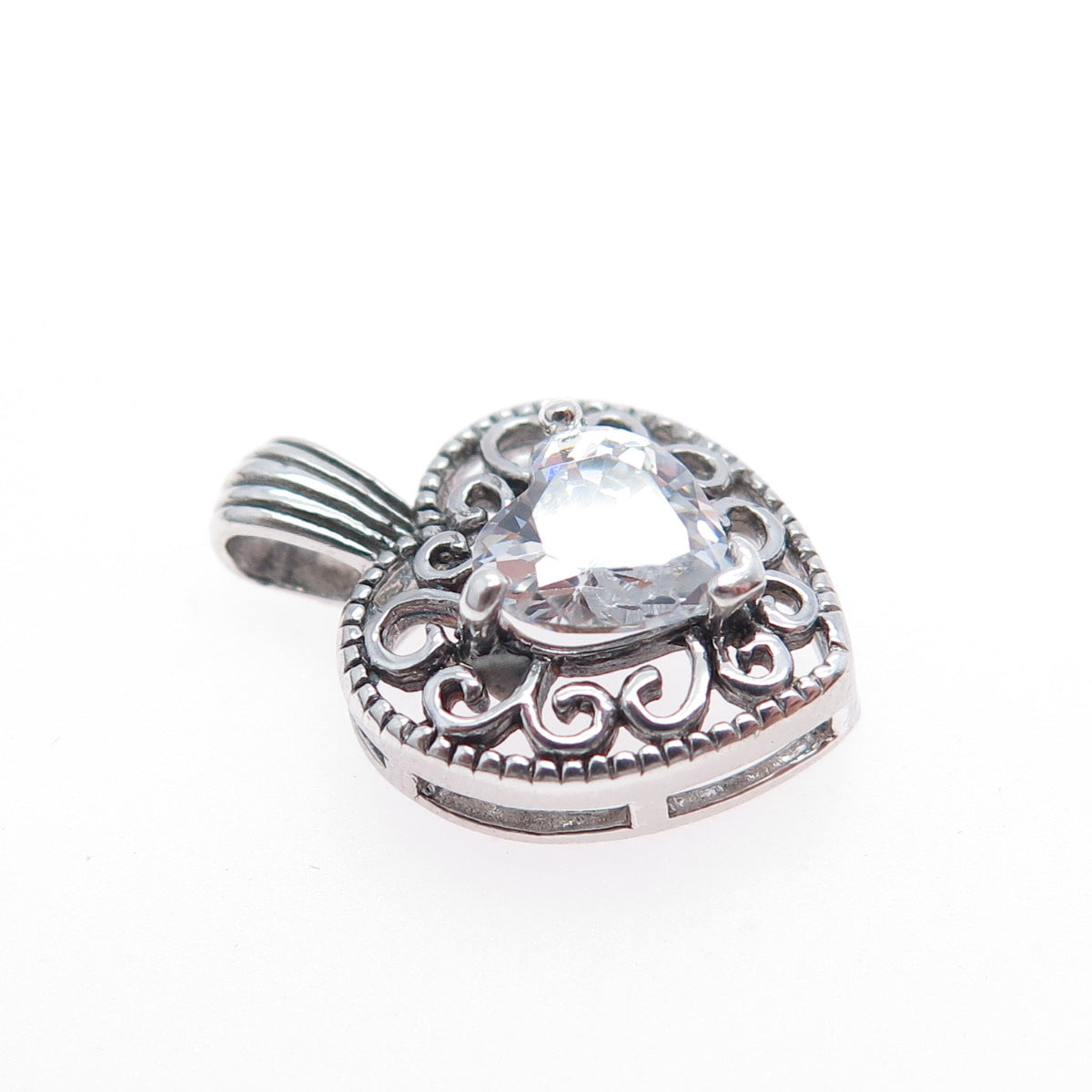 925 Sterling Silver Vintage C Z Ornate Heart Mini Charm Pendant