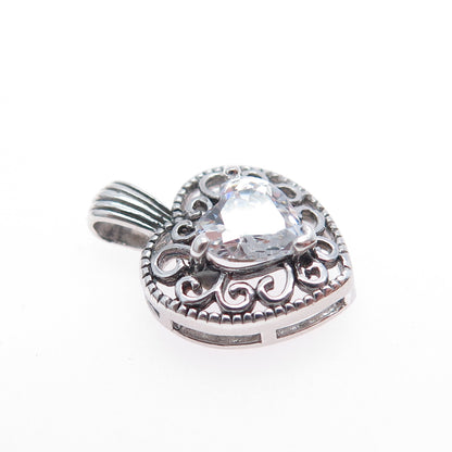 925 Sterling Silver Vintage C Z Ornate Heart Mini Charm Pendant