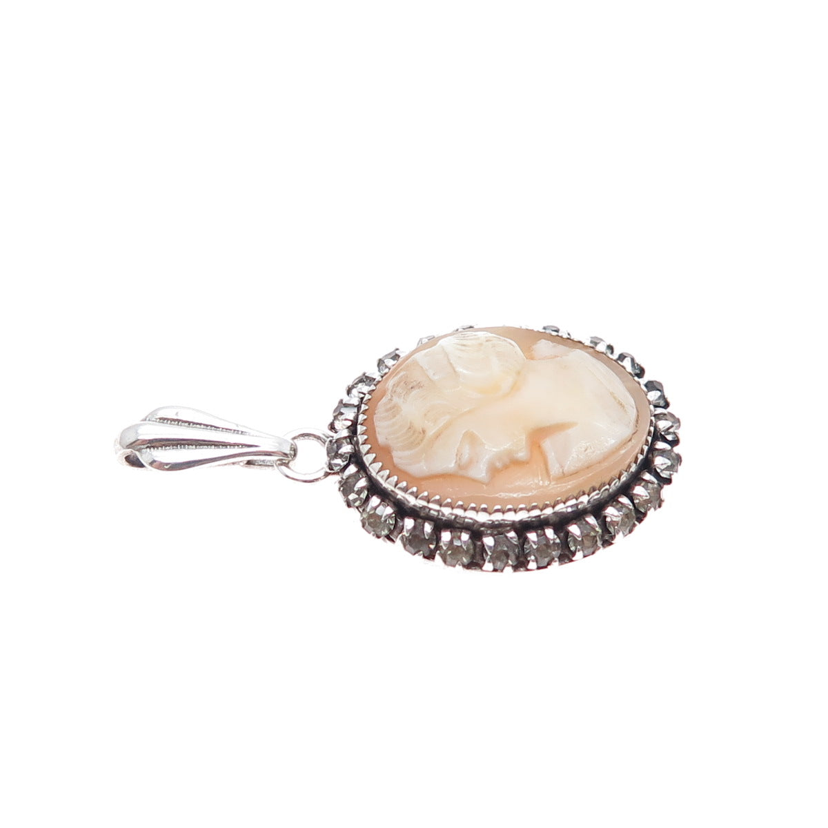 MARTELLI 925 Sterling Silver Vintage Real MOP & Rhinestone Cameo Charm Pendant