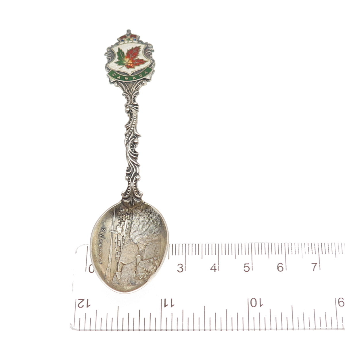 925 Sterling Silver Antique 1901 Canada Enamel Halifax Maple Leaf Coffee Spoon
