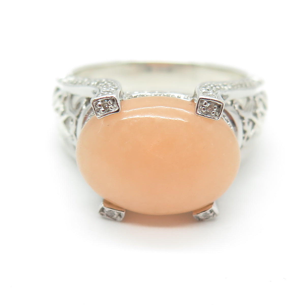 925 Sterling Silver Real Round-Cut Diamond & Peach Jade Heart Ring Size 11