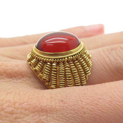 925 Sterling Gold Plated Antique Red Amber Spring Adjustable Ring Size 9.5