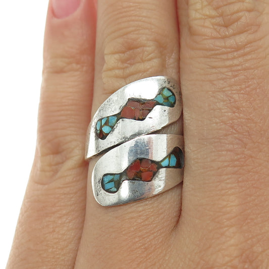 Old Pawn Sterling Silver Vintage Turquoise Coral Inlay Adjustable Ring Size 6.5