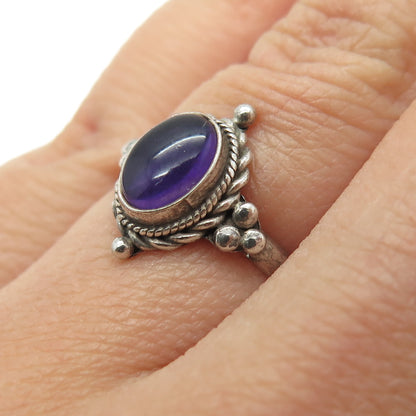 925 Sterling Silver Vintage Real Cabochon Amethyst Oxidized Ring Size 5.75