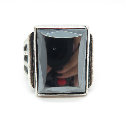 925 Sterling Silver Antique Art Deco Real Hematite Gemstone Ring Size 11.25