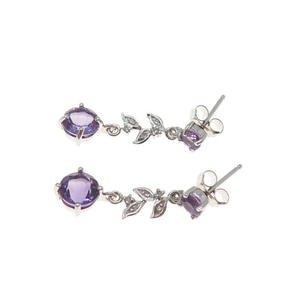 925 Sterling Silver Real Diamond & Amethyst Floral Leaf Dangle Earrings
