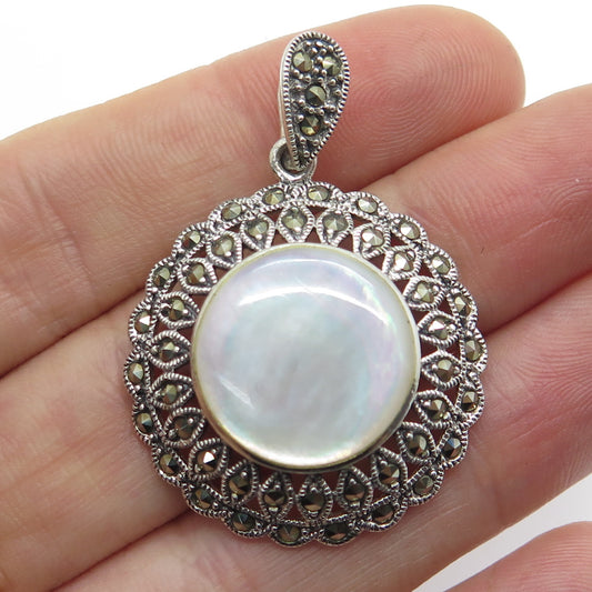 925 Sterling Silver Vintage Real Mother-of-Pearl & Marcasite Oxidized Pendant