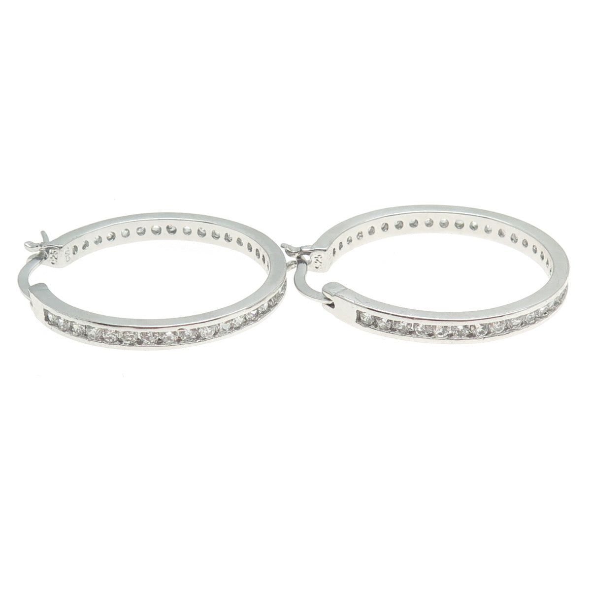 925 Sterling Silver Round-Cut All Around C Z Hoop Earrings