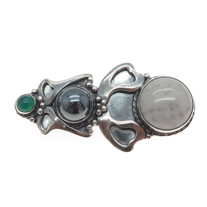 I. HEMME 925 Sterling Silver Vintage Jasper Hematite Chalcedony Oxidized Brooch