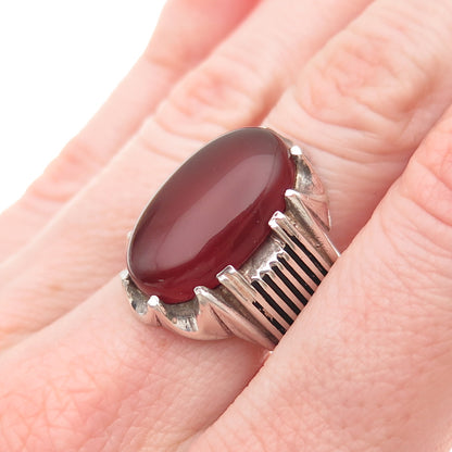 925 Sterling Silver Vintage Real Carnelian Modernist Oxidized Ring Size 9.5
