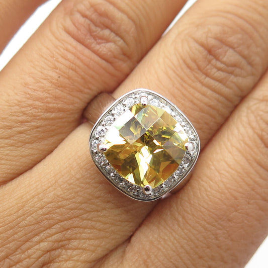 925 Sterling Silver Cushion-Cut Yellow & White C Z Engagement Ring Size 7.25