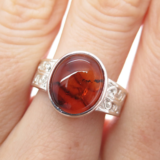 CHARLES WINSTON 925 Sterling Silver Vintage Real Amber Ornate Ring Size 8