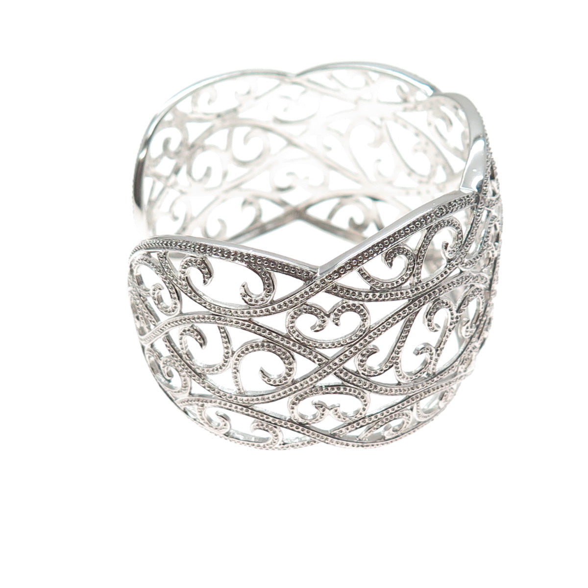 925 Sterling Silver Real Round-Cut Diamond Swirl Adjustable Cuff Bracelet 7"