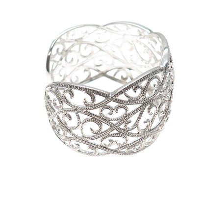 925 Sterling Silver Real Round-Cut Diamond Swirl Adjustable Cuff Bracelet 7"