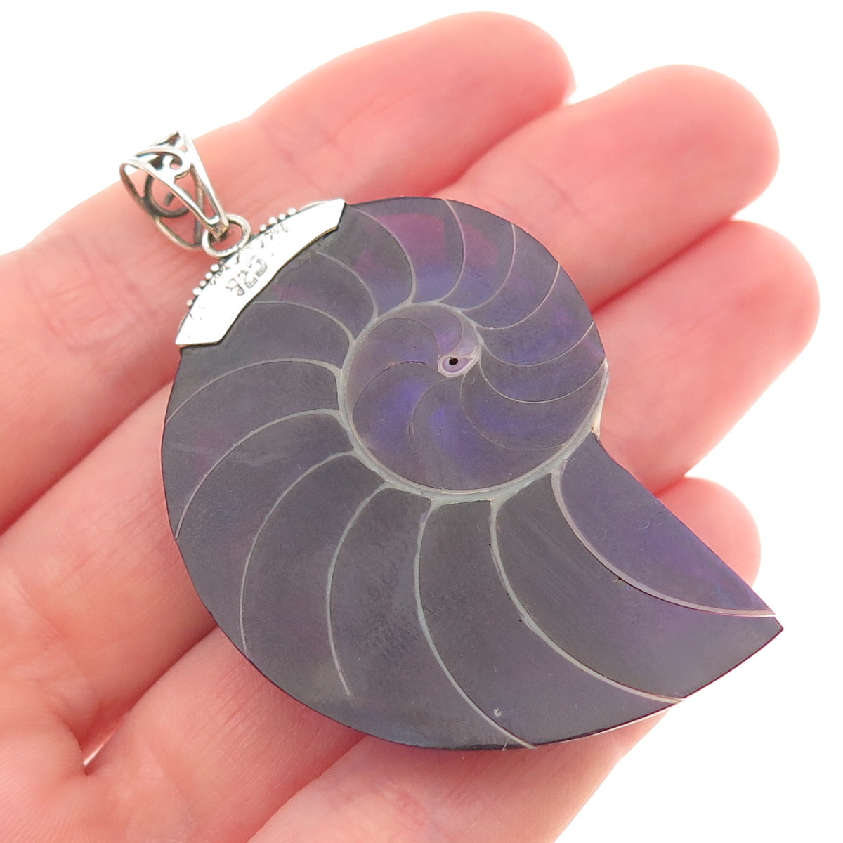 925 Sterling Silver Vintage Real Purple Nautilus Shell Modernist Pendant