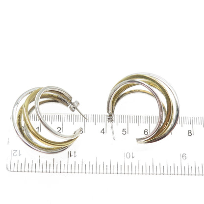 925 Sterling Silver 2-Tone Vintage Mexico Modernist Multi-Row Hoop Earrings