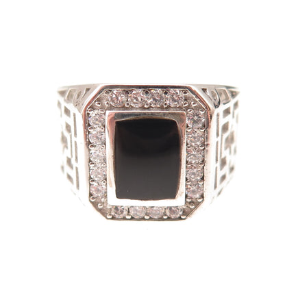925 Sterling Silver Real Black Onyx & C Z Ornate Ring Size 9