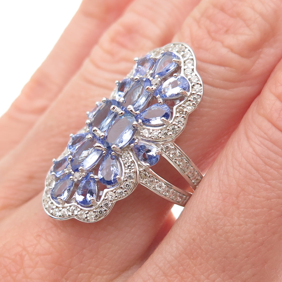 925 Sterling Silver Real Tanzanite & White Topaz Cluster Ring Size 8.25