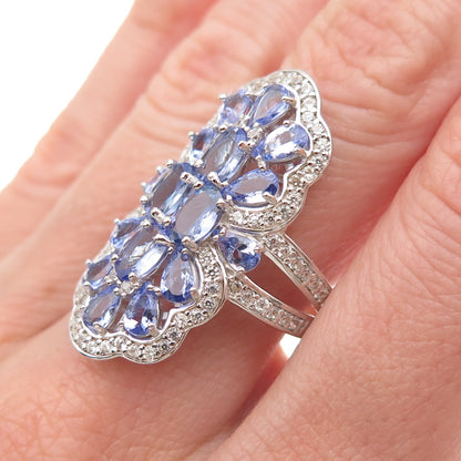 925 Sterling Silver Real Tanzanite & White Topaz Cluster Ring Size 8.25