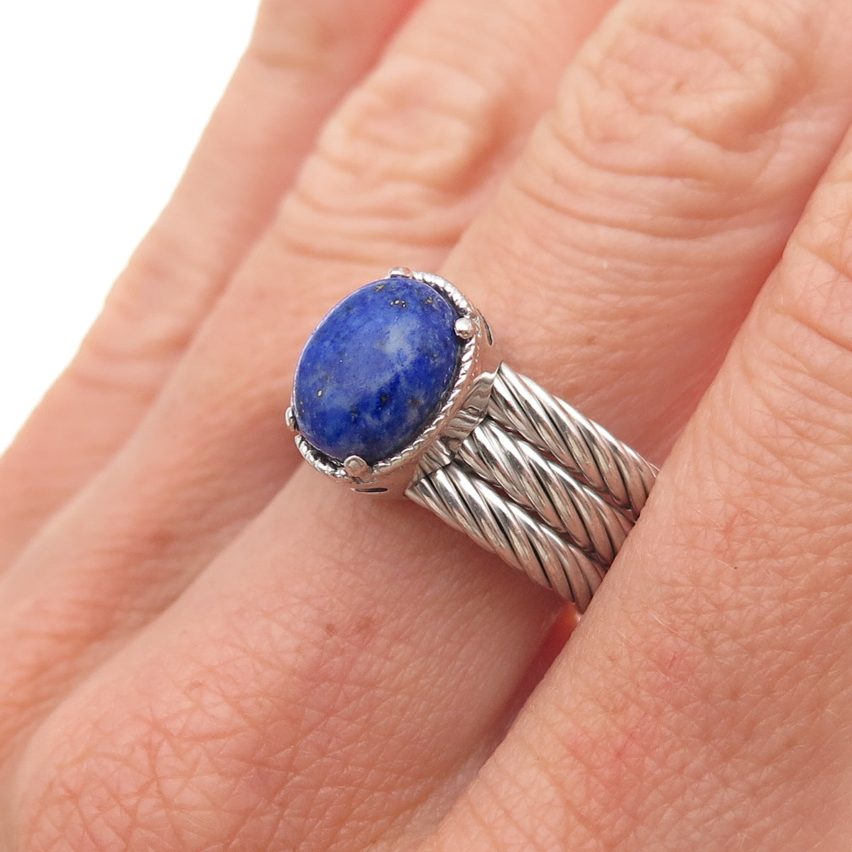 Dasan 925 Sterling Silver Italy Real Lapis 3-Row Ring Size 6.25