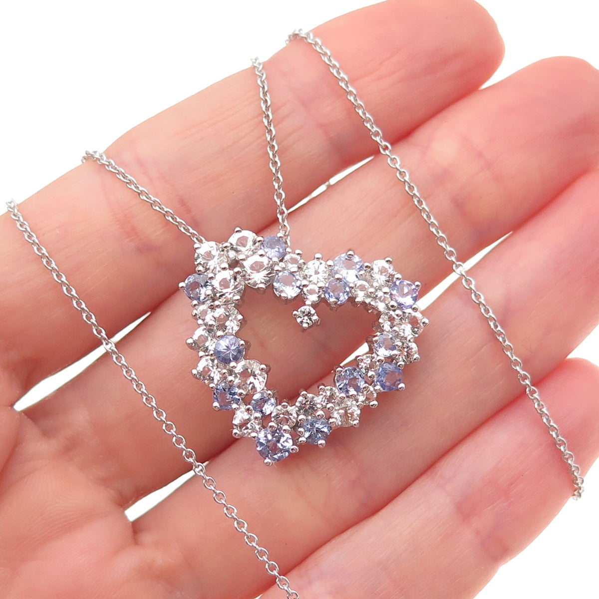 925 Sterling Silver Real Tanzanite & White Topaz Heart Cable Chain Necklace 18"