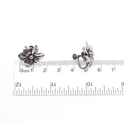 925 Sterling Silver Antique Art Deco Flower Oxidized Screw Back Earrings