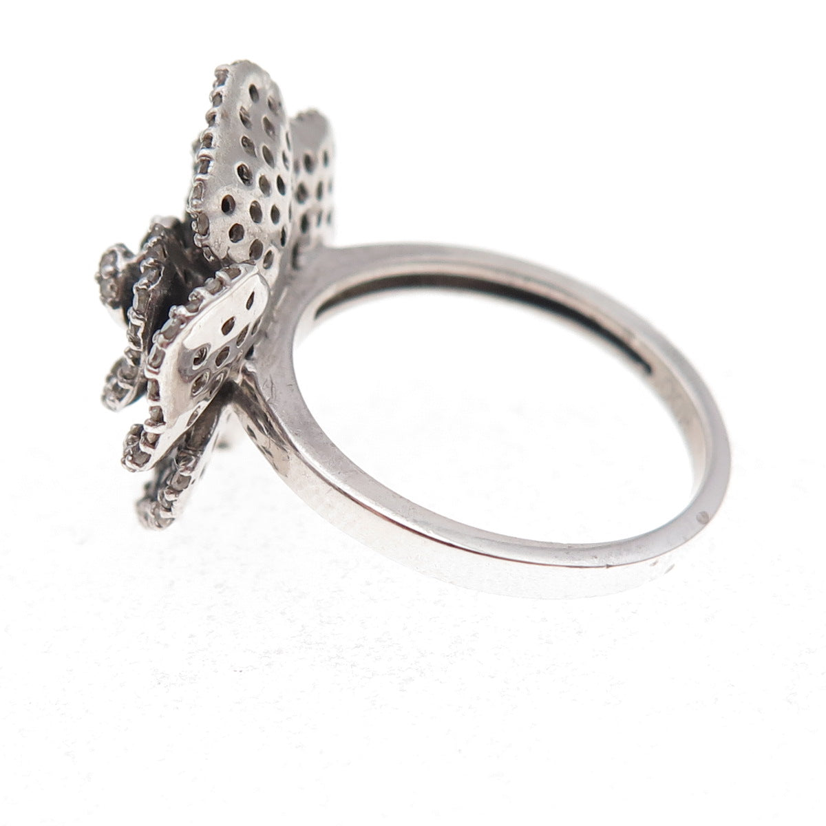 925 Sterling Silver Real Black & White Diamond Rose Floral Ring Size 7