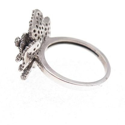925 Sterling Silver Real Black & White Diamond Rose Floral Ring Size 7
