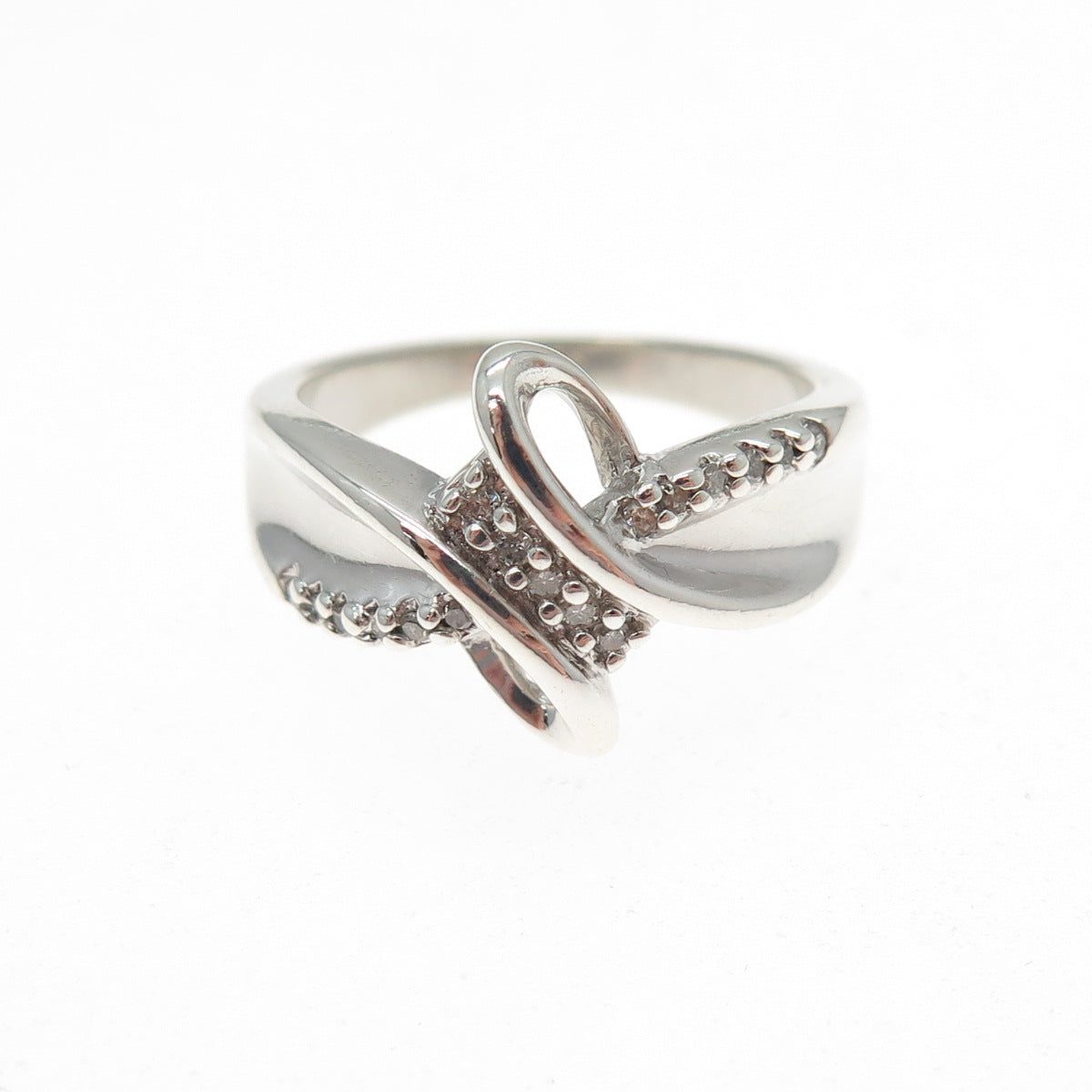 SUN 925 Sterling Silver Real Round-Cut Diamond Bypass Ring Size 7
