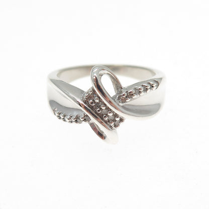 SUN 925 Sterling Silver Real Round-Cut Diamond Bypass Ring Size 7