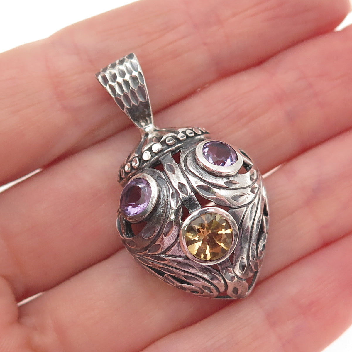 925 Sterling Silver Vintage Real Citrine & Amethyst Oxidized Charm Pendant