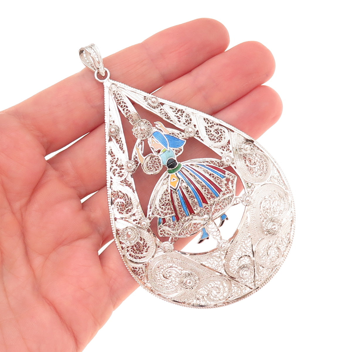 Van Lou 925 Sterling Silver Vintage Enamel Dancer Filigree Teardrop Pendant