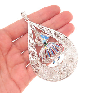 Van Lou 925 Sterling Silver Vintage Enamel Dancer Filigree Teardrop Pendant