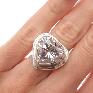 925 Sterling Silver 14K Gold Vintage C Z Modernist Heart Oxidized Ring Size 4.5
