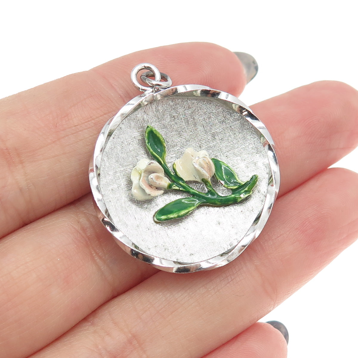 WELLS 925 Sterling Silver Vintage Enamel Flower Round Pendant