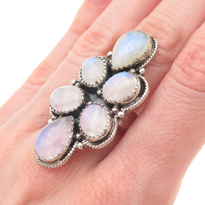925 Sterling Vintage Real Pink Moonstone Modernist Adjustable Ring Size 7.5