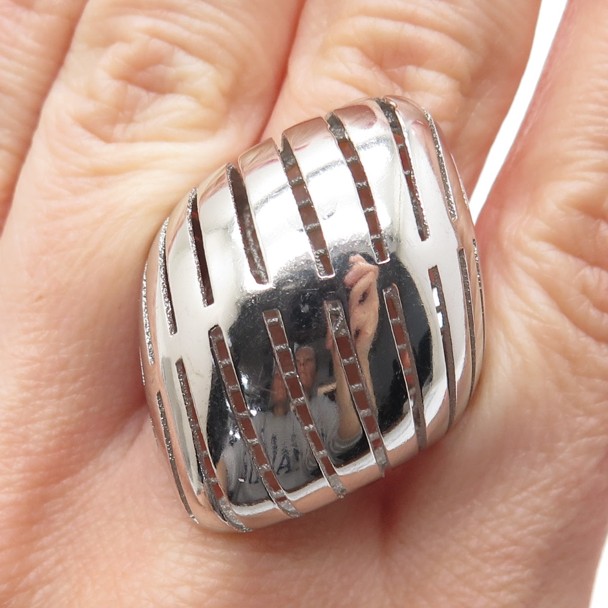 925 Sterling Silver Italy Modernist Rhombus Ribbed Dome Ring Size 8.5