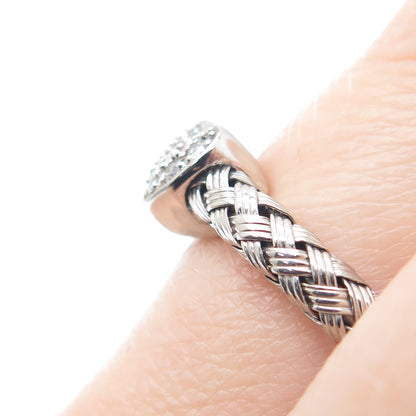 925 Sterling Silver Real Round-Cut Diamond Adjustable Woven Ring Size 6.75