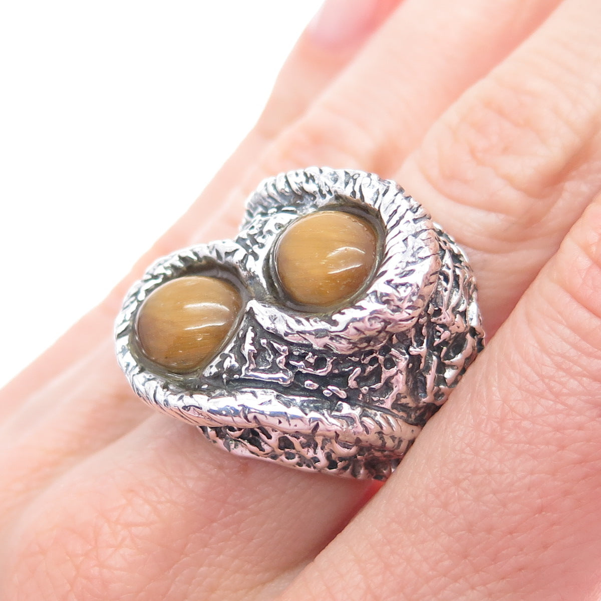 925 Sterling Silver Vintage Real Tiger Eye Modernist Adjustable Ring Size 6.25