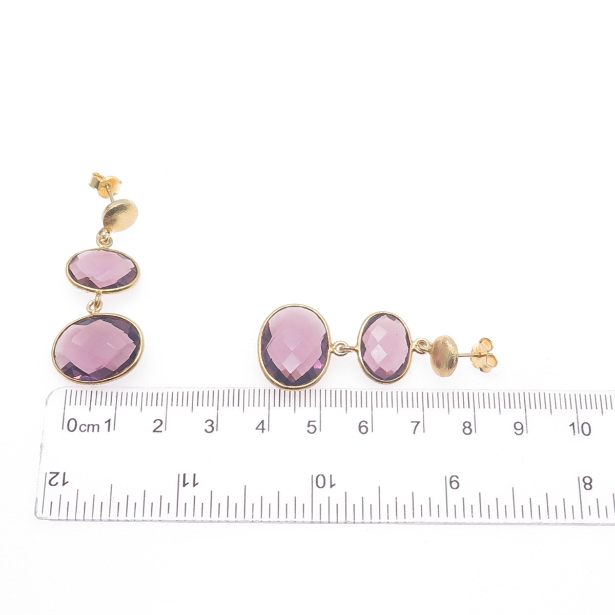 925 Sterling Silver Gold Plated Vintage Real Amethyst Modernist Dangle Earrings