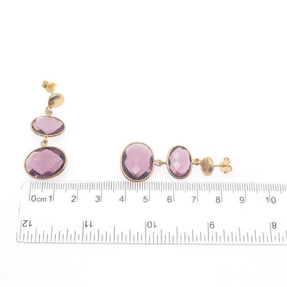 925 Sterling Silver Gold Plated Vintage Real Amethyst Modernist Dangle Earrings