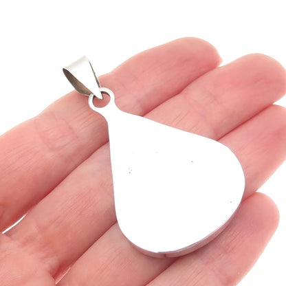 925 Sterling Silver Vintage Mexico Enamel Pressed Flowers Teardrop Pendant