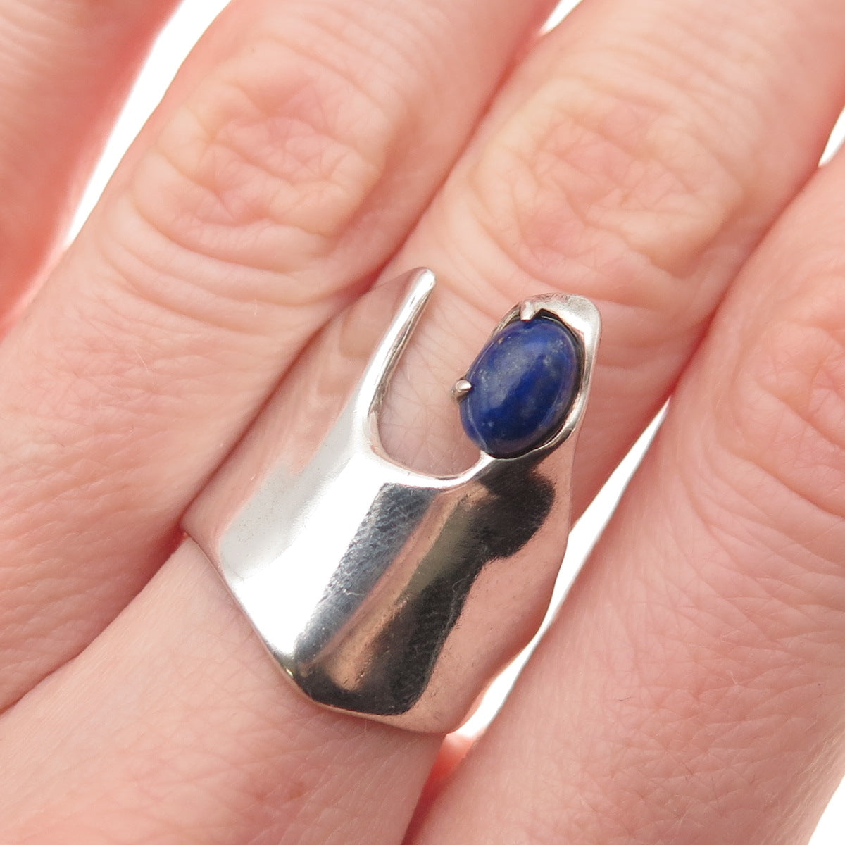 925 Sterling Silver Vintage Real Lapis Lazuli Modernist Ring Size 6.75